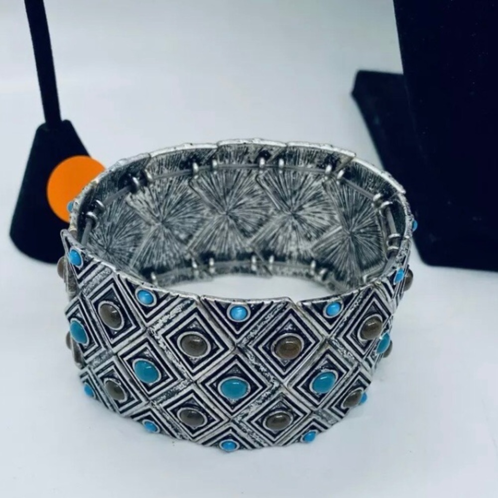 Vintage Premier Designs Bracelet Stretch Antiqued Silver with teal & brown beads